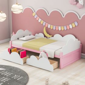 Twin Size Bed with Clouds and Crescent Moon Decor, Platform Bed with 2 Drawers (White+Pink)