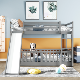 Twin Over Twin Bunk Bed with Slide and Ladder (Color: Gray)